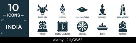 Gefülltes indien Icon Set. Enthalten flache indische Kuh, Kandeel, biju janata dal, buddhist, indien Mutter, vishnu, bengalische Sprache, ashoka, Dung, Alamelu-Symbol Stock Vektor