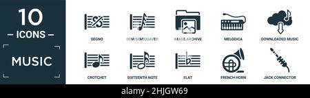 Gefüllte Musik-Icon-Set. Enthalten flache segno, demiquaver, Bildarchiv, melodica, heruntergeladene Musik-Cloud, Crotchet, sechzehnte Note, flach, franz. Hor Stock Vektor