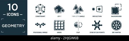 Gefüllte Geometrie-Symbolsatz. Enthalten flache Bedingung, Gelenk, dreifaches Dreieck, Reflexion, Hintergrund, Polygonale Flügel, Gitter, Flip, Stern von sechs Punkten, s Stock Vektor