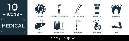 Gefülltes medizinisches Icon-Set. Enthalten flache Keime, elektrische Zahnbürste, Gehstock, Antibiotika, Prämolar, Leber, Gewebepapier, Otoskop, Bakterien, Arm ic Stock Vektor