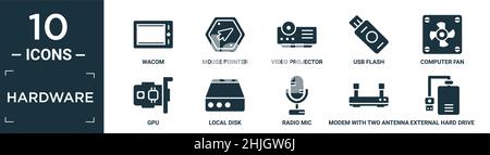 Gefüllter Hardware-Symbolsatz. Enthalten wacom, Mauszeiger, Videoprojektor, usb-Flash, Computerlüfter, gpu, lokale Festplatte, Funkmikrofon, Modem mit zwei Ante Stock Vektor