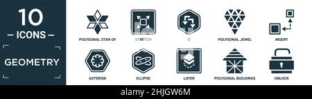 Gefüllte Geometrie-Icon-Set. Enthalten flachen polygonalen Stern von sechs Punkten, Stretch, o, polygonales Juwel, Insert, Stern, Ellipse, Schicht, polygonales Gebäude Stock Vektor