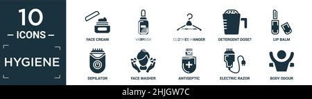 Gefülltes Hygiene-Icon-Set. Enthalten flache Gesichtscreme, Lack, Kleiderbügel, Waschmitteldosis?, Lippenbalsam, Enthaarungsvorrichtung, Gesichtswaschanlage, antiseptisch, elektrische Raz Stock Vektor