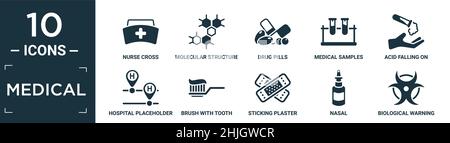 Gefülltes medizinisches Icon-Set. Enthalten flaches Schwesternkreuz, Molekülstruktur, Medikamentententabletten, medizinische Proben in Reagenzgläsern Paar, auf der Hand fallende Säure, hospit Stock Vektor