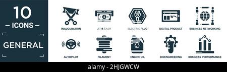 Gefülltes allgemeines Icon-Set. Enthalten flache Einweihung, atm Cash, elektrischen Stecker, digitales Produkt, Business-Networking, Autopilot, Filament, Motoröl, BI Stock Vektor