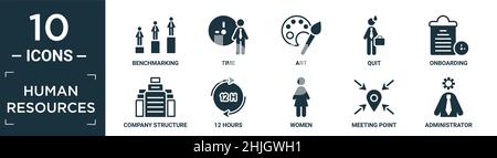 Gefüllte Human Resources Icon Set. Enthalten flache Benchmarking, Zeit, Kunst, beenden, Onboarding, Firmenstruktur, 12 Stunden, Frauen, Treffpunkt, Verwaltung Stock Vektor