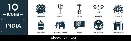 Gefülltes indien Icon Set. Enthalten flache Sarnaismus, Dreizack, Veena, navratri, Pfau, tandoori, indischer Elefant, urdu, kathakali, Tor zu indischen Ikonen in ed Stock Vektor