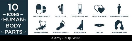 Gefüllte menschliche Körperteile Icon-Set. Enthalten flache Tablette und Kapsel Medikamente, Blutgefäß, Kapsel schwarz und weiß Variante, Herz schwarz für valentin Stock Vektor