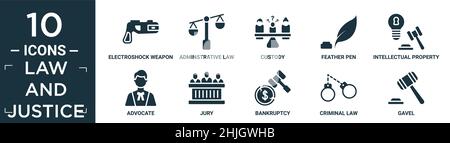 Gefülltes Gesetz und Gerechtigkeit Icon-Set. Enthalten flache Elektroschock-Waffe, adminstratives Recht, Sorgerecht, Federstift, geistiges Eigentum, Anwalt, Jury, Verbot Stock Vektor