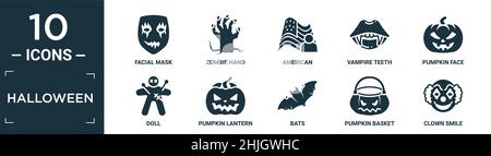 Gefülltes halloween Icon Set. Enthalten flache Gesichtsmaske, Zombie Hand, amerikaner, Vampir Zähne, Kürbis Gesicht, Puppe, Kürbis Laterne, Fledermäuse, Kürbiskorb, Stock Vektor