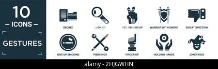 Gefüllte Gesten Icon-Set. Enthalten flache Dekret, Look up, zwei Finger nach oben, Krieger mit Schwert und Schild, Unzufriedenheit, aufgeben Rauchen, Piercings, Fi Stock Vektor