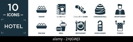 Gefülltes Hotel Icon Set. Enthalten flache onigiri, Kochbuch, Rolltreppe nach unten, Zimtrollen, Rezeptionist, Dim Sum, Essen, Restaurant, Türaufhänger, Handtücher ico Stock Vektor