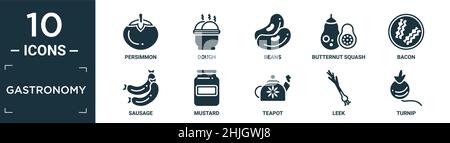 Gefüllte Gastronomie Icon Set. Enthalten flache Kaki, Teig, Bohnen, Butternut Squash, Speck, Symbole für Wurst, Senf, Teekannen, Lauch, Rüben in bearbeitbarer Form Stock Vektor