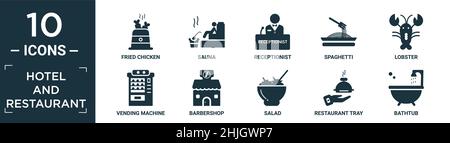 Gefüllte Hotel-und Restaurant Icon-Set. Enthalten flach gebratenes Huhn, Sauna, Rezeptionist, Spaghetti, Hummer, Verkaufsautomat, Barbershop, Salat, Restaurant Stock Vektor