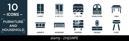 Gefüllte Möbel und Haushalt Symbol-Set. Enthalten flachen Schrank, Kleiderschrank, hassock, Doppeltür, Tisch, Schränke, Kopfteil, Schubladen, Kommode, Hocker Ikone Stock Vektor