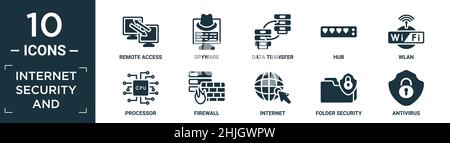 Gefüllte Internet-Sicherheit und Icon-Set. Enthalten flachen Remote-Zugriff, Spyware, Datenübertragung, Hub, wlan, Prozessor, Firewall, Internet, Ordnersicherheit, Stock Vektor