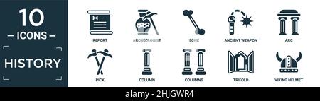 Gefüllte Geschichte Icon Set. Enthalten flachen Bericht, Archäologe, Knochen, alte Waffe, Bogen, Pick, Spalte, Spalten, dreifach, viking Helm Symbole in editierbar Stock Vektor