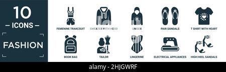 Gefülltes Mode-Icon-Set. Enthalten flachen femenine Trakcsuit, Pullover mit Kapuze, Unisex, Paar Sandalen, T-Shirt mit Herz, Buchtasche, Schneider, Lingerine, el Stock Vektor