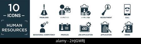 Gefüllte Personensymbole. Enthalten flache Probleme, Mitarbeiter, genehmigt, Einstellung, Anruf, Verhaltenskompetenz, Profile, Bewerbung, Appli Stock Vektor