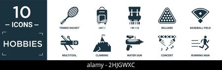 Gefülltes Hobbies Icon Set. Enthalten flachen Tennisschläger, Taschen, Wandern, Billard, Baseballfeld, Multitool, Klettern, Wasserpistole, Konzert, Running man Icon Stock Vektor