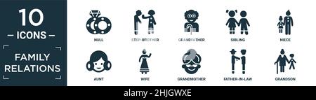 Gefüllte Familie Beziehungen Icon-Set. Enthalten flache Null, Stiefbruder, Großvater, Geschwister, Nichte, Ikonen von Tante, Frau, Großmutter, Schwiegervater und Enkel Stock Vektor