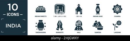 Gefülltes indien Icon Set. Enthalten flache indische Süßigkeiten, tamilische Sprache, odisha, indische Vase, Chakra, Yakshagana, Namaste, kali, Samosa, lakshmi-Ikonen in ed Stock Vektor