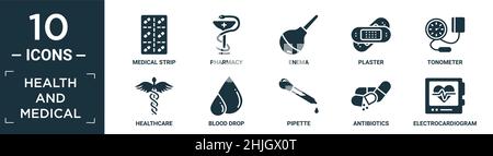 Gefüllte Gesundheits-und medizinische Icon-Set. Enthalten flachen medizinischen Streifen, Apotheke, Einlauf, Gips, Tonometer, Gesundheitswesen, Blutstropfen, Pipette, Antibiotika, Ele Stock Vektor