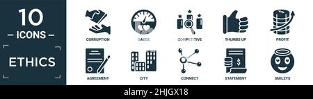 Gefüllte Ethik Icon Set. Enthalten flache Korruption, messen, wettbewerbsfähig, Daumen nach oben, Gewinn, Symbole für Vereinbarung, Stadt, Verbindung, Aussage, Smileys können bearbeitet werden Stock Vektor