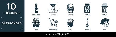 Gefüllte Gastronomie Icon Set. Enthalten flache heiße Sauce, Schuppen, Nachos, Gurke, Gurken, Symbole für Bun, Stachelbeere, Nuss, Schneebesen, Limette in bearbeitbarem Format. Stock Vektor