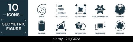 Gefüllte geometrische Figur Icon-Set. Enthalten flache Spirale, linke Ausrichtung, Begrenzungsrahmen, Stern Ornament von Dreiecken, Segment, Zylinder, Perspektive, Inter Stock Vektor