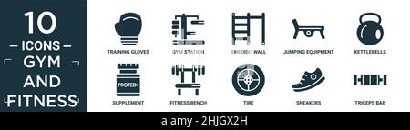 Gefülltes Fitness-Icon-Set. Enthalten flache Trainingshandschuhe, Fitnessstation, schwedische Wand, Sprunggeräte, Kettlebells, Ergänzung, Fitness-Bank, t Stock Vektor