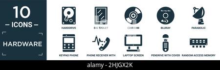 Gefülltes Hardware-Icon-Set. Enthalten flache Festplatte, großes Tablet, cd-Raum, bluray, Parabolic, Telefon mit Tastatur, Telefonhörer mit, Laptop-Bildschirm, Pendelfunktion w Stock Vektor