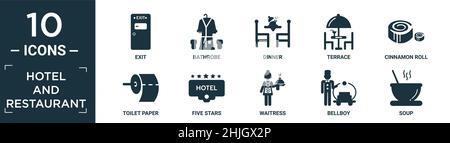 Gefüllte Hotel-und Restaurant Icon-Set. Enthalten flachen Ausgang, Bademantel, Abendessen, Terrasse, Zimtrollen, toilettenpapier, 5 Sterne, Kellnerin, Kofferträger, Suppe i Stock Vektor