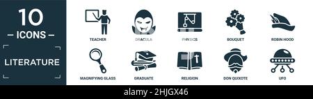 Gefüllte Literatur Icon Set. Enthalten flache Lehrer, dracula, Physik, Strauß, Robin Hood, Lupe, Absolvent, Religion, don quixote, ufo-Ikonen Stock Vektor