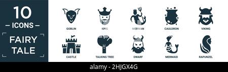 Gefülltes Märchen-Icon-Set. Enthalten flachen Kobold, König, Seemann, Kessel, wikinger, Schloss, sprechender Baum, Zwerg, Meerjungfrau, rapunzel Symbole in bearbeitbarer Form Stock Vektor