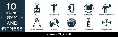 Gefülltes Fitness-Studio und Fitness-Icon-Set. Enthalten flachen Null, Fitness-Körper, Pulsometer, Fitness-Ball, Gewichtheben mit rechtem Arm, Sport Expander, Steroide, p Stock Vektor