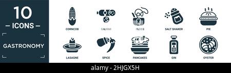 Gefülltes Gastronomie Icon Set. Enthalten flache Maiskolben, Salami, Zahnseide, Salzstreuer, Kuchen, Symbole für Lasagne, Gewürz, Pfannkuchen, Gin, Auster in bearbeitbarem Format. Stock Vektor