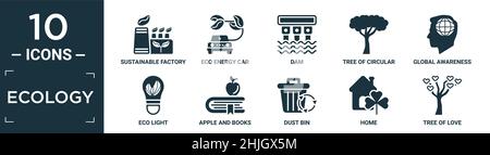 Gefüllte Ökologie Icon Set. Enthalten flache nachhaltige Fabrik, Öko-Energie-Auto, Damm, Baum aus kreisförmigem Laub, globales Bewusstsein, Öko-Licht, Apfel und Bücher Stock Vektor
