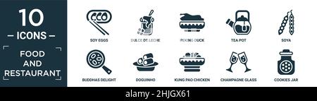 Gefüllte Lebensmittel und Restaurant Icon Set. Enthalten flache Soja-Eier, Dulce de leche, pekingente, Teekocher, Soja, buddhas Delight, Doguuno, Kung pao-Huhn, c Stock Vektor