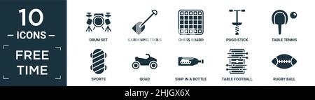 Gefülltes Freizeit-Icon-Set. Enthalten flache Trommel-Set, Gartengeräte, Schachbrett, Pogo-Stick, Tischtennis, Sport, Quad, Schiff in der Flasche, Tischfußba Stock Vektor