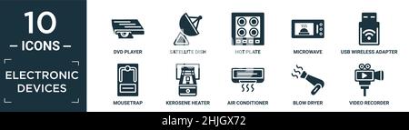 Gefüllte elektronische Geräte Icon-Set. Enthalten DVD-Player, Satellitenschüssel, Kochplatte, Mikrowelle, usb-Wireless-Adapter, Mausefalle, Kerosin-Heizung, A Stock Vektor