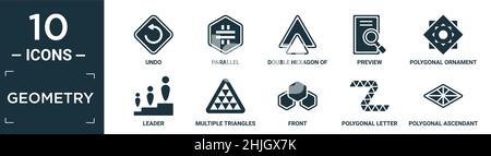 Gefüllte Geometrie-Icon-Set. Enthalten flache Undo, parallel, doppeltes Sechseck aus kleinen Dreiecken, Vorschau, polygonales Ornament, Bezugslinie, mehrere Dreiecke Tria Stock Vektor