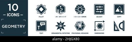 Gefüllte Geometrie-Symbolsatz. Enthalten flache Verrundung, Liniensegment, Dodekaeder, anpassen, kopieren, Text, ornamentales rotierendes polygonales, polygonales Sechseck, dimenales Stock Vektor