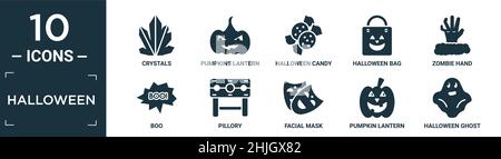 Gefülltes halloween Icon Set. Enthalten flache Kristalle, Kürbisse Laterne, halloween Süßigkeiten, halloween Tasche, Zombie Hand, boo, Pranger, Gesichtsmaske, Kürbis la Stock Vektor