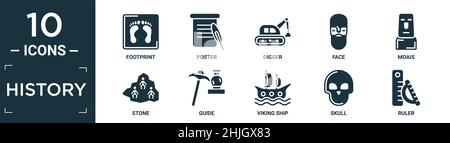 Gefüllte Geschichte Symbol-Set. Enthalten flache Fußabdruck, Poster, Digger, Gesicht, Moais, Stein, Führer, wikingerschiff, Schädel, Lineal Symbole in editierbarem Format. Stock Vektor