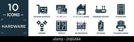 Gefüllter Hardware-Symbolsatz. Enthalten flache Netzwerkschnittstellenkarte, Flash-Karte, Diskette auf dem Kopf, Hardware-Hotspot, Systemeinheit, firewire, Schaltungen, Stock Vektor