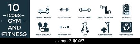 Gefülltes Fitness-Studio und Fitness-Icon-Set. Enthalten flach Rudergerät, Hantelhantel, Arme Extender, Widerstandsband, To-do-Liste, Drücken Sie Simulator, Kurzhanteln Stock Vektor
