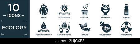 Gefüllte Ökologie Icon Set. Enthalten flache Erde, Wasserkraft, Öko-Anlage, denken Öko, Kunststoff, Hydraulische Energie, die Welt retten, Natur, Hauseffekt, Radio Stock Vektor
