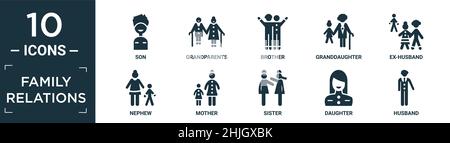 Gefüllte Familie Beziehungen Icon-Set. Enthalten flachen Sohn, Großeltern, Bruder, Enkelin, Ex-Mann, Ikonen von Neffen, Mutter, Schwester, Tochter und Ehemann Stock Vektor