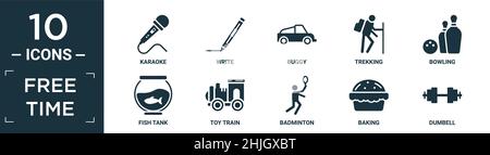 Gefüllte Freizeit Icon Set. Enthalten flache Karaoke, schreiben, Buggy, Trekking, Bowling, Fischtank, Spielzeugeisenbahn, Badminton, Backen, Kurzhantel-Symbole in bearbeitbarer f Stock Vektor